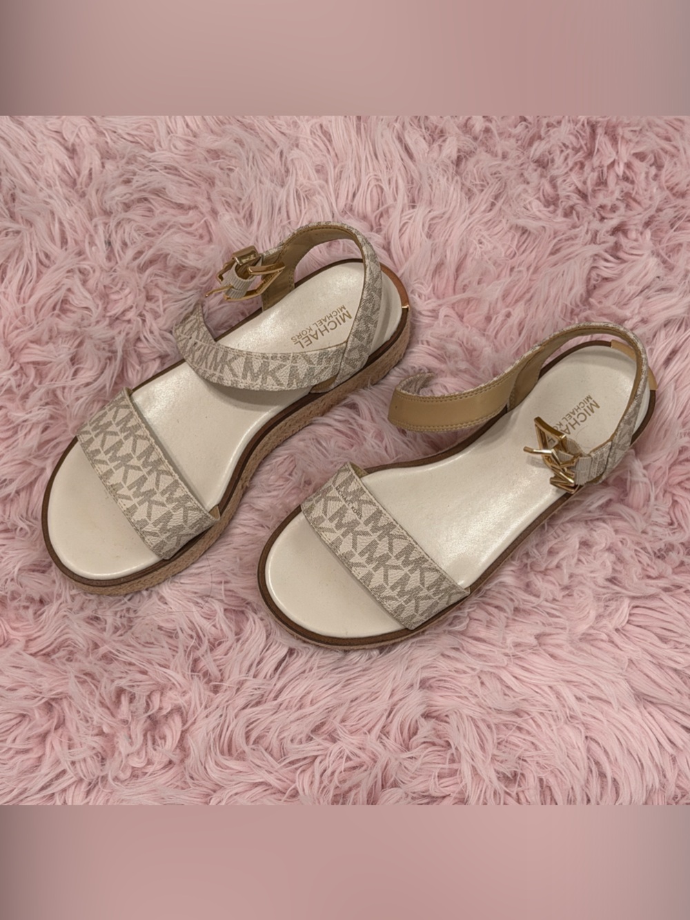 MICHAEL Michael Kors Neutral Logo Strap Sandals with Gold MK Accent